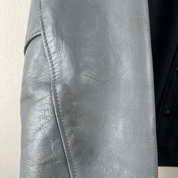 1990 Vintage Dehen Papa Murphys Black Gray Leather Wool Varsity Bomber Jacket XL - Picture 12 of 15